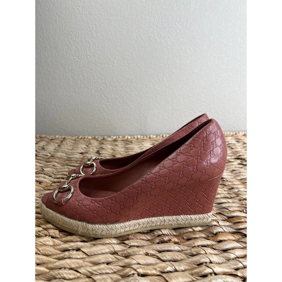 Gucci Women‎ Leather Peep-Toe Horsebit Espadrille Wedges Red Size 38 - Picture 8 of 16